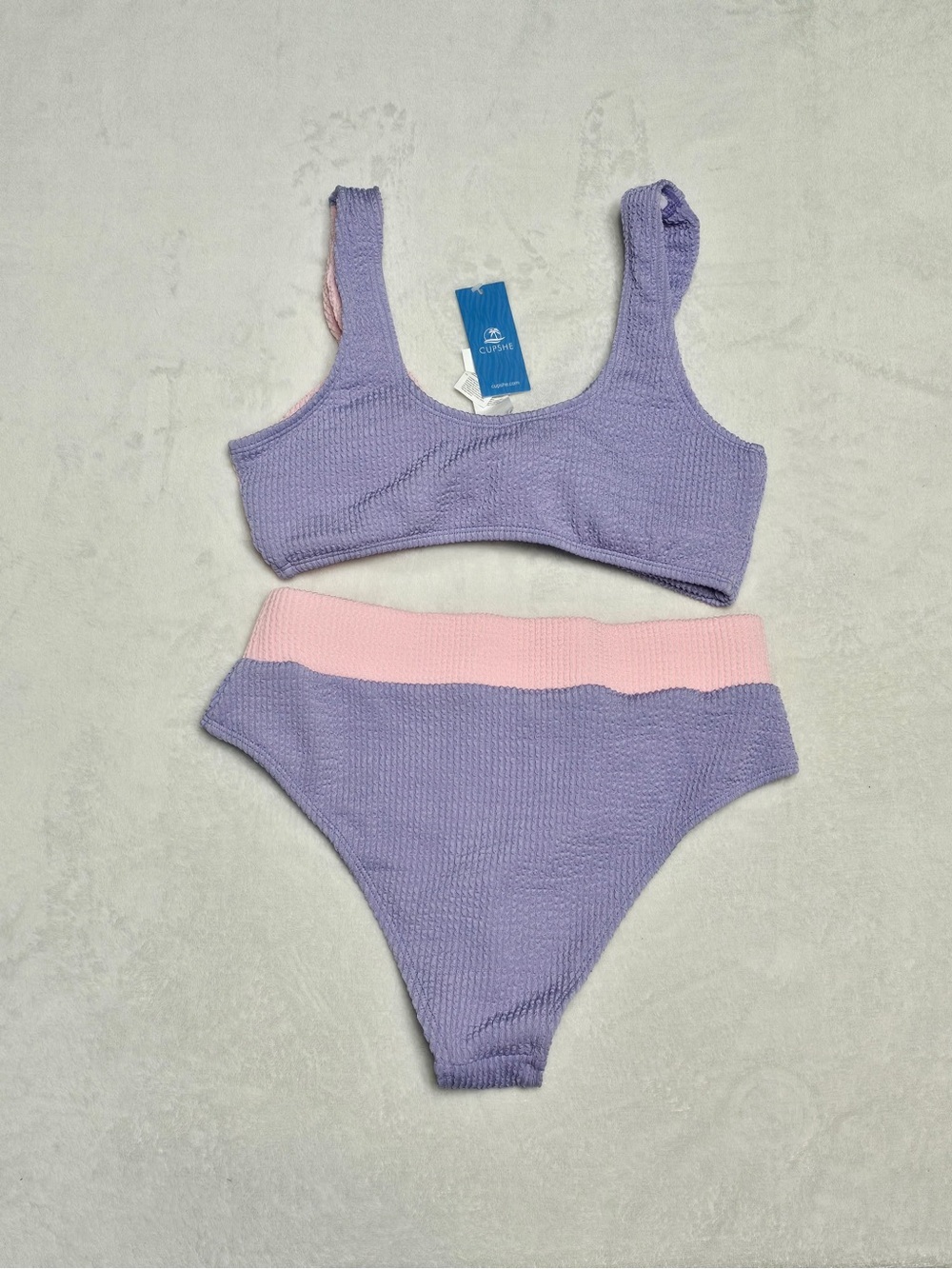 NWT Cupshe Two-Tone Textured Bikini Set in Lavender & Soft Pink Medium - Picture 2 of 4
